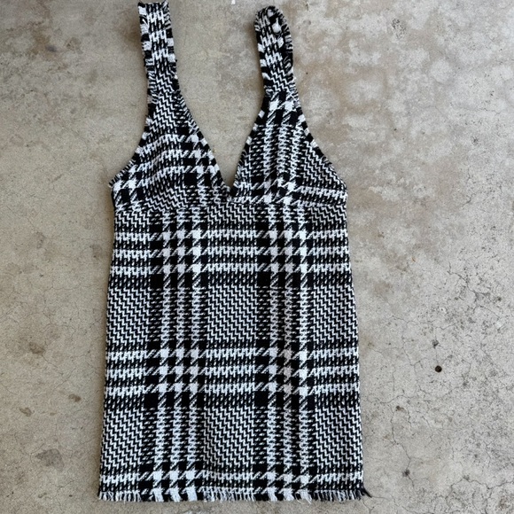 ZARA Houndstooth Black White Fringe V Neck Pinafore Jumper Mini Dress medium - Picture 2 of 6